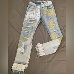 MNML Blue and White Lace Ankle Cropped Flare Stacked Distressed Jeans